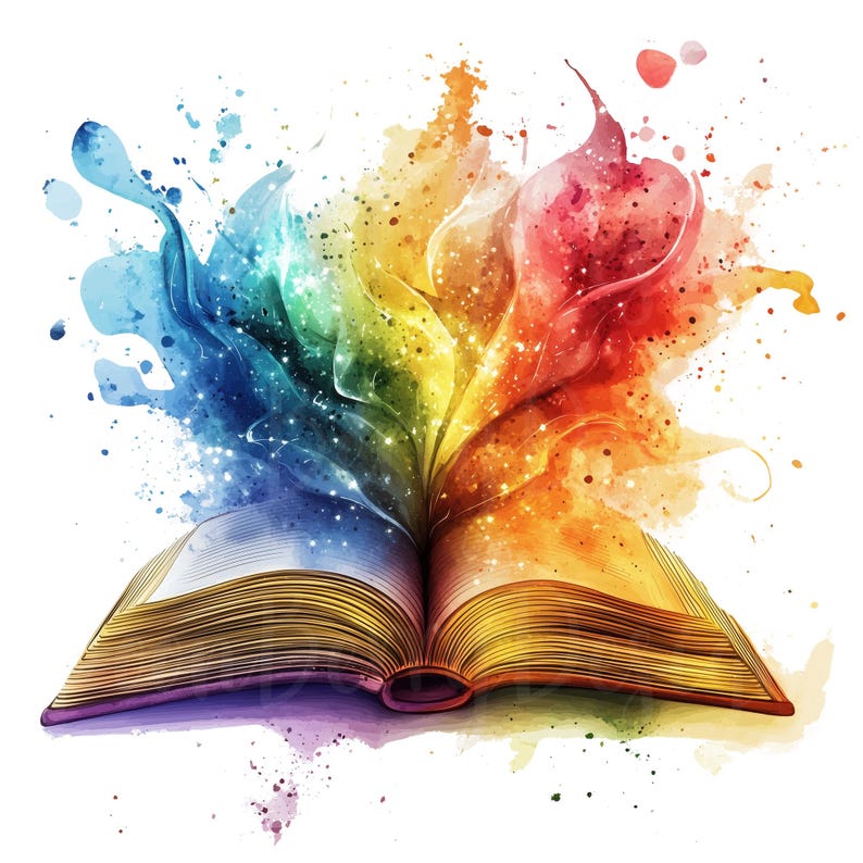 K&ouml;nnte beinhalten: Aquarellillustration eines offenen Buches mit goldenen Seiten. Ein Ausbruch farbenfroher Farbe geht vom Buch aus, mit Farbt&ouml;nen von Blau, Gr&uuml;n, Gelb, Orange und Rot. Das Bild hat einen skurrilen und k&uuml;nstlerischen Charakter.