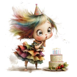 Anniversaire original fille Clipart, lot de 18 PNG aquarelle Clip Art Bundle, gâteau d'anniversaire arc-en-ciel carte d'anniversaire pour enfants décoration de fête autocollant numérique