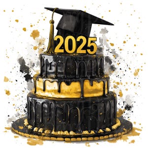 Clipart na tort ukończenia szkoły, zestaw 13 PNG, clipart akwarelowy 300 DPI, złoty kolor szkoły, przyjęcie ukończenia szkoły średniej, klasa 2025 25
