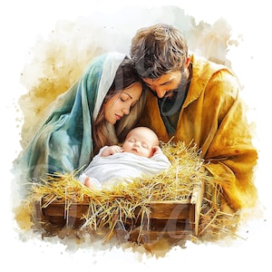 Holy Manger Clipart, Set of 20 PNG Bundle, 300 DPI Clip Art, Watercolor Winter Christmas Religious Biblical Nativity Baby Jesus Mary Joseph