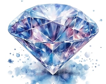 May include: Watercolor illustration of a large diamond with facets. The gem is rendered in shades of blue, purple, and pink, with light reflecting off its surfaces. Blue watercolor splashes surround the diamond, creating a sparkling effect.
