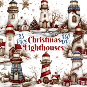 May include: 35 digital illustrations of Christmas lighthouses in various styles, including red and white striped, blue and white, and brown with white trim. The lighthouses are decorated with Christmas lights, garlands, and other festive elements. The images are 300 DPI.