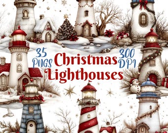 Peut inclure: 35 illustrations numériques de phares de Noël dans différents styles, y compris des rayures rouges et blanches, du bleu et du blanc, et du brun avec des garnitures blanches. Les phares sont décorés de lumières de Noël, de guirlandes et d'autres éléments festifs. Les images sont en 300 DPI.
