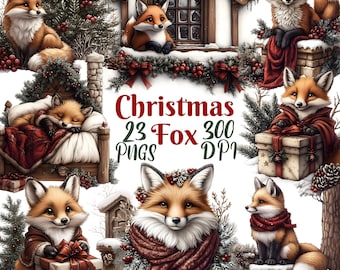 May include: A set of 23 digital illustrations of foxes in various Christmas-themed poses. The foxes are depicted in a variety of settings, including a snowy cottage, a bed, and a fireplace. The illustrations are 300 DPI and are perfect for use in digital scrapbooking, card making, and other creative projects.