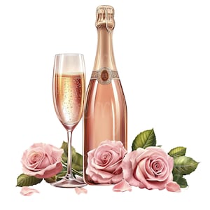 Clip Art de Taças de Champanhe, Conjunto com 10 PNG, Clipart de 300 DPI, Buquê de Casamento Floral Rosa, Festa de Vinho, Imagem de Adesivo Digital em Aquarela