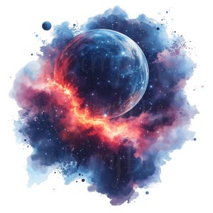 Outer Space clipart, set van 16 png-bundel, kleurrijke aquarel illustraties, kosmische astronaut planeten melkwegstelsel maan sterren zonnestelsel