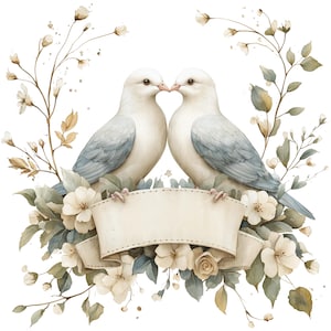 Banner de pomba de casamento, conjunto de 16 PNG, clipart de aquarela, pássaros de festa de casamento, flores, floral, dia dos namorados, adesivo digital de amor