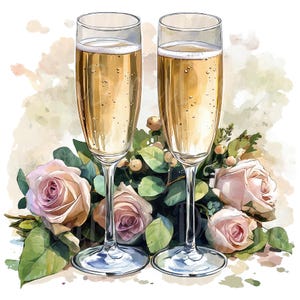 Champagner-Gläser Clipart, Set mit 19 PNG-Bundle, 300 DPI Clip Art, Hochzeitsstrauß Blumenwein-Partytisch, Aquarell Digitaler Aufkleber Bild