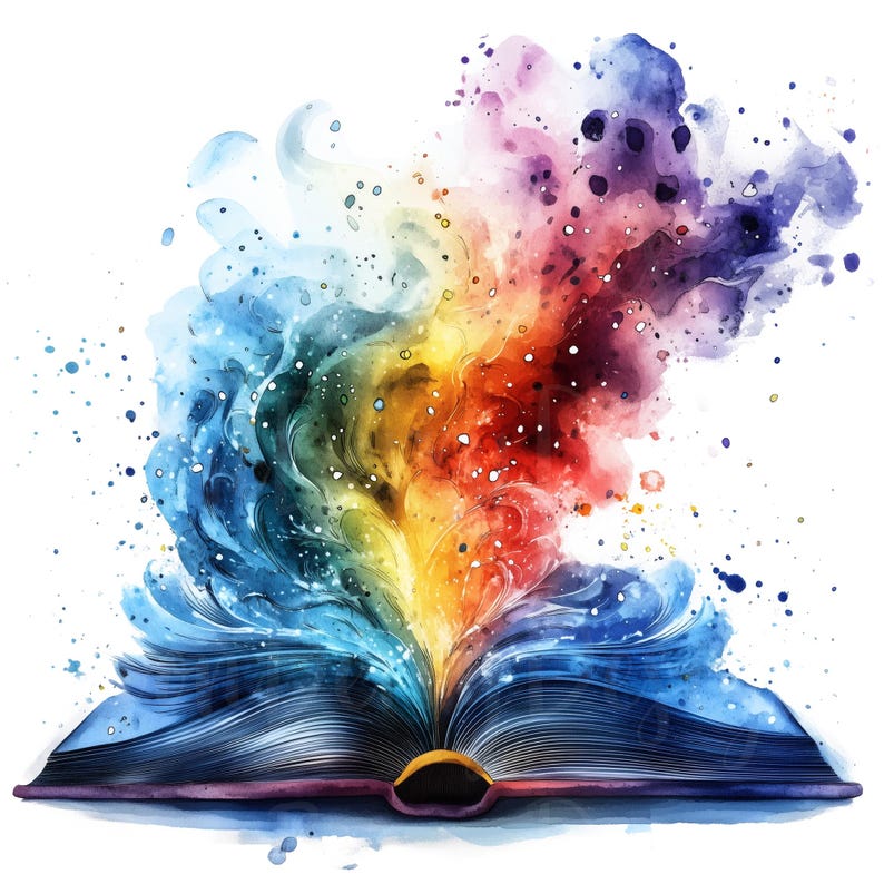 K&ouml;nnte beinhalten: Aquarellillustration eines offenen Buches mit blauen Seiten und einem goldenen Buchr&uuml;cken. Eine lebendige Farbexplosion aus Blau, Gelb, Orange und Lila bricht aus dem Buch hervor, mit verstreuten Farbspritzern.