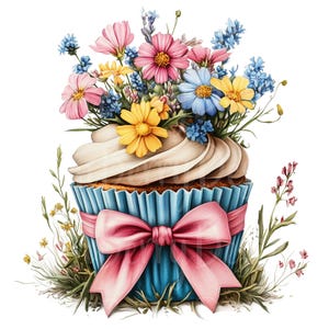 Cupcake Clipart, Set of 17 PNG Bundle, 300 DPI Clip Art, Pastel Wildflower Floral Spring Summer Baking Birthday, Watercolor Element Graphic