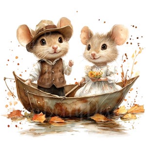 Clip Art de Casal de Ratos, Conjunto de 10 PNG, Clipart de 300 DPI, Criatura Bonita da Floresta, Rato, Folha, Barco, Casamento, Amor, Design de Adesivo de Aquarela