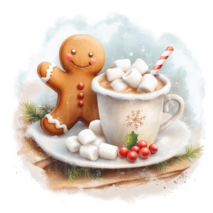Puede incluir: Ilustración en acuarela de un hombre de jengibre sonriente junto a una taza de chocolate caliente con malvaviscos. Un bastón de caramelo, malvaviscos y bayas rojas también están presentes, evocando un tema festivo.