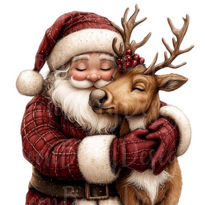 Santa Reindeer Clipart, Set of 11 PNG Bundle, 300 DPI Clip Art, Christmas Jolly Winter Hugging Love Claus Watercolor Holiday Festive Graphic