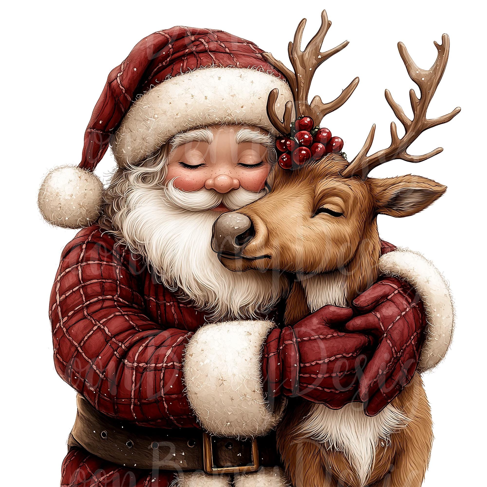 Magnete Natalizio Artigianale Con Babbo Natale E Renna - Decorazione In Tela 5x8 Cm
