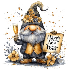 Clip Art de Gnomo de Ano Novo, Conjunto de 24 PNG, Clip Art de 300 DPI, Festa de Feliz Ano Novo 2026, Gráfico Digital em Aquarela 2027 26 27