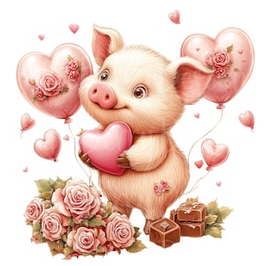 Barnyard Valentines Clipart, Set aus 10 PNG-Bundle, 300 DPI Clip Art, rosa Liebesherzen Schwein Highland Kuh Huhn Ziege Eule, Aquarellelemente