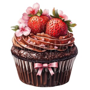カップケーキのクリップアート、10 個の PNG バンドルのセット、300 DPI のクリップアート、ストロベリー チェリー フルーツ ベリー ベーキング フロスティング バースデー パーティー、水彩画の要素