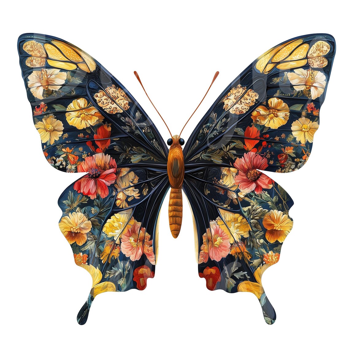 Chenoise Print Butterfly Clipart, Set of 10 PNG Bundle, 300 DPI Clip Art, Floral Wing ...