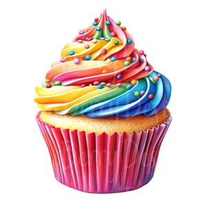 Rainbow Cupcakes Clipart, Set of 17 PNG Bundle, 300 DPI Clip Art, Colorful Sprinkles Baking Kids Birthday Party, Watercolor Element Graphic