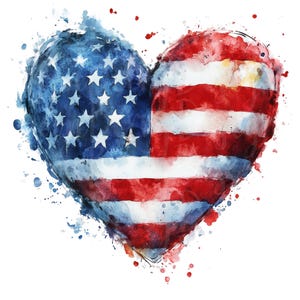 Amerikanische Flagge Herz Clip Art, Set mit 17 PNG Bündel, 4. Juli Party Flagge Stern Stiel Rot Weiß Blau Liebe Fourth of Jully Aquarell Aufkleber