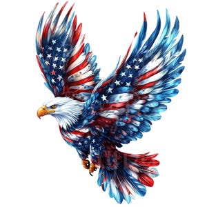 Clipart di aquila americana, set di 13 PNG, clipart a 300 DPI, elemento grafico acquerello patriottico del 4 luglio con bandiera degli Stati Uniti e aquila calva.