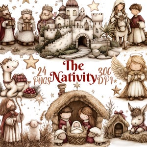 Nativity Clipart, Set of 24 PNG Bundle, 300 DPI Clip Art, Watercolor, Winter Christmas Religious Biblical Holy Angel Shepherd Jesus Clipart