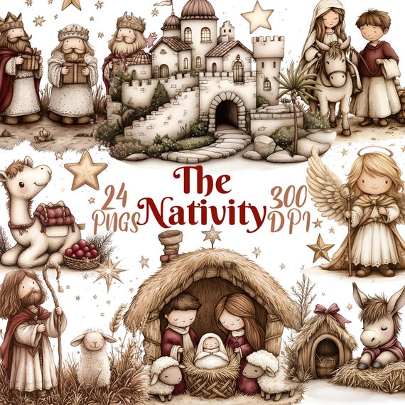 Nativity Clipart, Set of 24 PNG Bundle, 300 DPI Clip Art, Watercolor, Winter Christmas Religious Biblical Holy Angel Shepherd Jesus Clipart