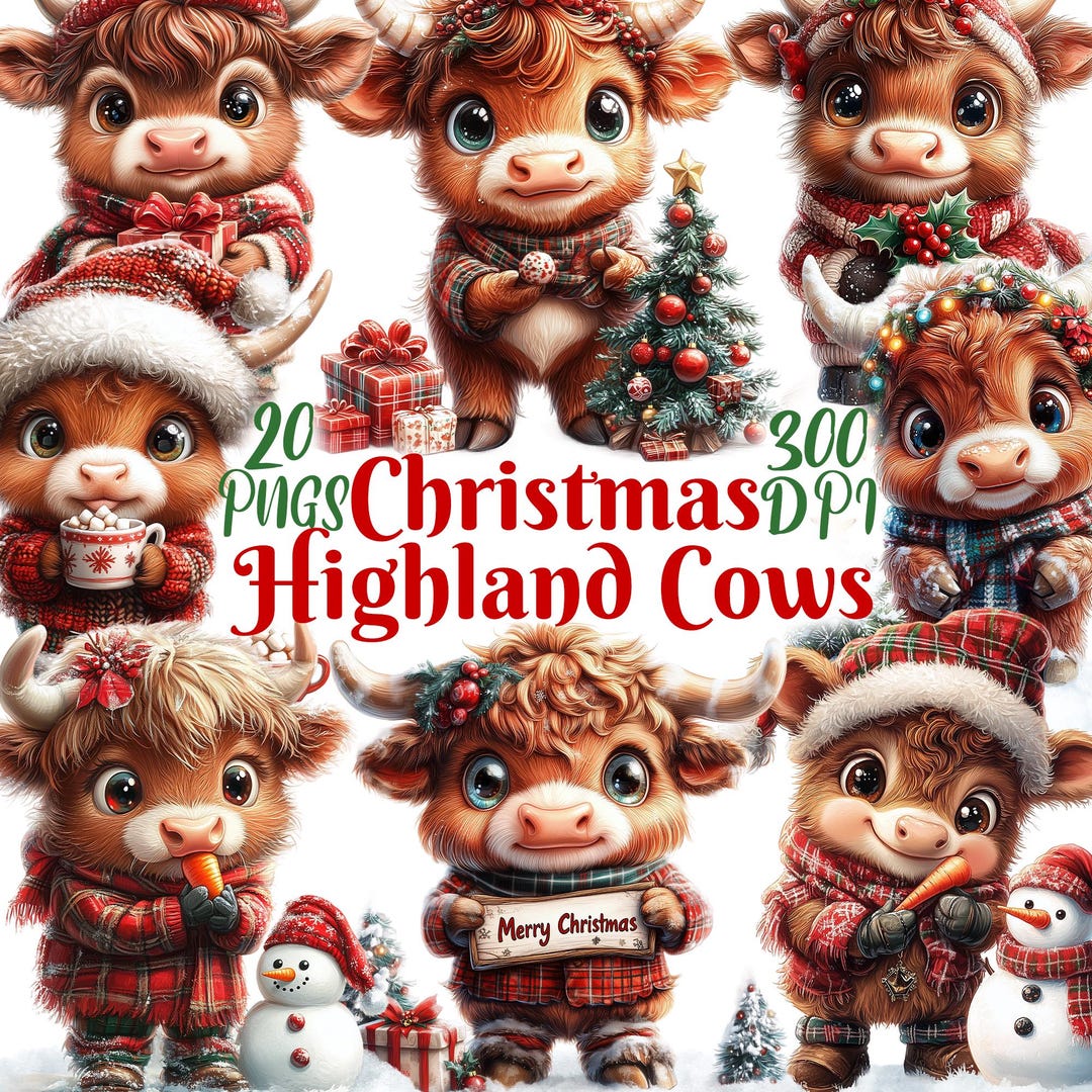 Highland Cow Clipart, Set of 20 PNG Bundle, 300 DPI Clip Art ...