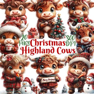 Highland Cow Clipart, Set of 20 PNG Bundle, 300 DPI Clip Art, Watercolor Holiday Digital Graphic, Christmas Barnyard Winter Element Clipart