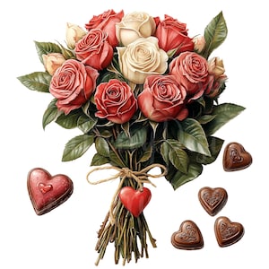 Clipart de buquê de rosas, conjunto de 10 PNG Bundle, 300 DPI Clip Art, festa de casamento Flor Floral Dia dos Namorados Chocolate Aquarela Adesivo Digital
