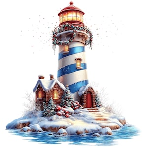 May include: A white and blue striped lighthouse with a red roof and a wreath of holly around the base. The lighthouse is covered in snow and is surrounded by a small village of houses. The scene is set against a white background with falling snow.