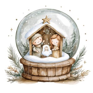 May include: A snow globe with a wooden base depicts a nativity scene with a brown wooden stable, a baby Jesus in a manger, Mary and Joseph, and a snowy winter scene.