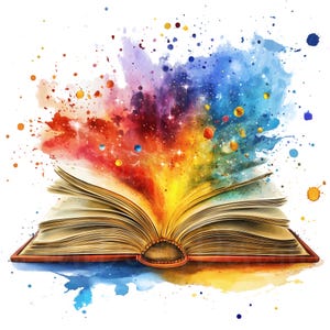 K&ouml;nnte beinhalten: Eine Illustration eines ge&ouml;ffneten Buches, aus dem eine Explosion aus Aquarellfarben ausbricht. Die Farben reichen von Rot &uuml;ber Orange und Gelb bis hin zu Violett und Blau, mit verstreuten Punkten und Sternen.