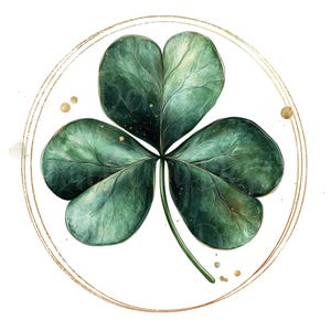 Può includere: Un trifoglio verde a quattro foglie con accenti di glitter dorati all'interno di un cerchio dorato.
