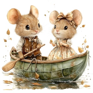 Clipart de casal de ratos, conjunto de 10 PNG Bundle, Clip Art de 300 DPI, Criatura fofa da floresta, rato, folha, barco, casamento, amor, design de adesivo de aquarela