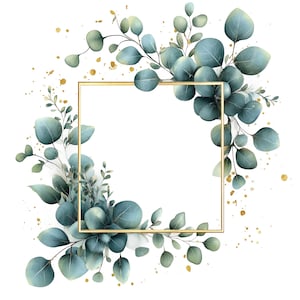 Clipart de moldura de eucalipto, conjunto de 13 PNG, clipart de moldura dourada, moldura floral verde, moldura digital de aquarela com folhagem