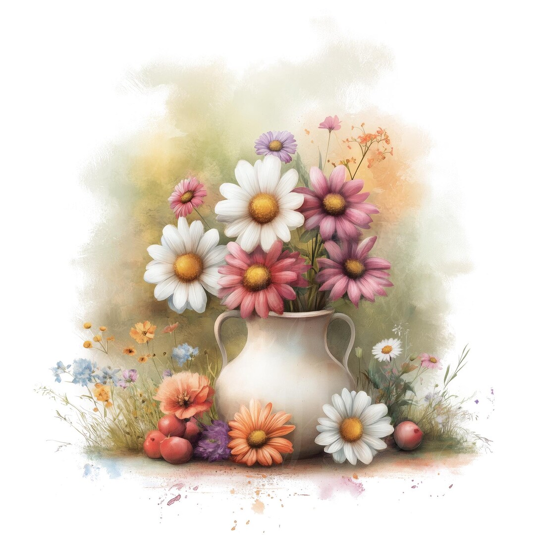 Flower Vase Bouquet Clipart, Set of 12 PNG Watercolor Clip Art Bundle ...
