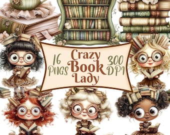 Crazy Book Lady Clipart, Set aus 16 PNG-Bundle, 300 DPI Clip Art, lesende Romanbibliothek Geschichtenbuch Mädchen, Aquarell Digitales Grafikelement
