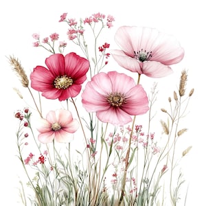 Clipart fleurs sauvages, lot de 10 PNG, 300 DPI Clip Art, jardin fleuri printemps été, oeuvre d'art d'élément graphique numérique aquarelle pastel