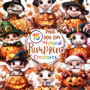 May include: A digital illustration showcasing mythical creatures, such as a dinosaur and a unicorn, emerging from carved pumpkins. The image includes the text "Mythical Pumpkin Creatures". The pumpkins are surrounded by autumn leaves, creating a festive scene.