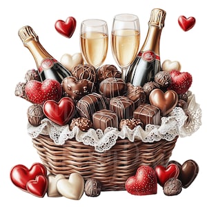 Clipart cesto di San Valentino, set di 12 PNG Bundle, 300 DPI Clip Art Cioccolato Caramelle Vino Festa Champagne Cuore Amore Acquerello Adesivo digitale