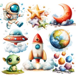 Imágenes prediseñadas espaciales lindas, conjunto de 27 imágenes PNG, imágenes prediseñadas de acuarela coloridas, astronauta cósmico, cohete, planeta, galaxia, luna, estrella, sistema solar, ovni PNG