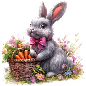 Easter Bunny Basket Clipart, Set of 25 PNG Bundle, 300 DPI Clip Art, Rabbit Carrots Garden Spring Flowers, Watercolor Digital Graphic Image