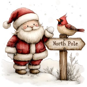 Santa Cardinal Clipart, Set of 30 PNG Bundle, 300 DPI Clip Art, Watercolor Holiday Festive Graphic Artwork, Christmas Winter Red Bird Claus