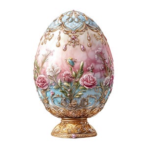 May include: A decorative egg-shaped trinket box with a gold base and a pink, blue, and white floral design. The egg is adorned with gold accents and rhinestones.