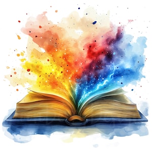 K&ouml;nnte beinhalten: Aquarell-Illustration eines ge&ouml;ffneten Buches mit goldenen Seiten. Ein Ausbruch farbenfroher Farben, darunter Rot, Orange, Gelb und Blau, geht vom Buch aus und deutet auf Fantasie und Kreativit&auml;t hin.