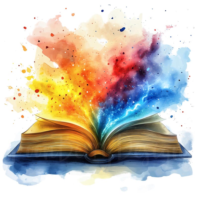 K&ouml;nnte beinhalten: Aquarell-Illustration eines ge&ouml;ffneten Buches mit goldenen Seiten. Ein Ausbruch farbenfroher Farben, darunter Rot, Orange, Gelb und Blau, geht vom Buch aus und deutet auf Fantasie und Kreativit&auml;t hin.