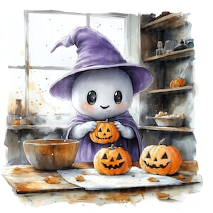 Pode incluir: Um fantasma amigável vestindo um chapéu roxo e uma túnica roxa segura uma abóbora esculpida. Três abóboras com rostos de jack-o'-lantern estão sobre uma mesa de madeira.
