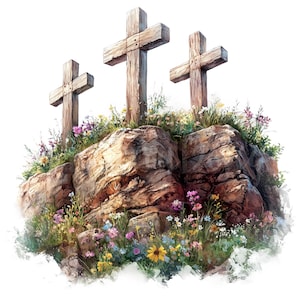 Three Wooden Cross Clipart, Set of 10 PNG Bundle 300 DPI Clip Art, Watercolor Easter Flower Rustic Wood Religious Biblical Holy Jesus Christ