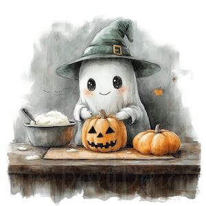May include: A cute ghost wearing a witch hat is carving a jack-o'-lantern pumpkin. There is a bowl of white frosting and a whole pumpkin on a wooden table.